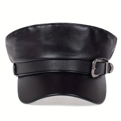 Unisex Large Belt Buckle Leather Beret | Spring Autumn Sailor Flat Top Military Cap for Men & Women