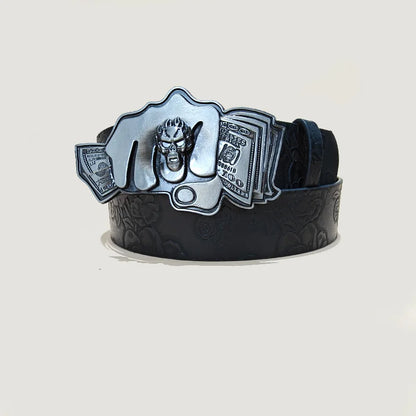 Men's Gothic Punk Skull Embossed Leather Belt Skeleton Reaper and Snake Designs
