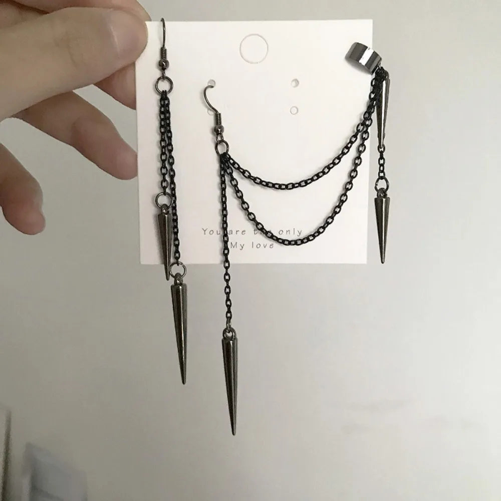 Men's Retro Punk Chain Tassel Earrings – Black Gothic Dangle Ear Cuff for Alt, Grunge & Streetwear Style