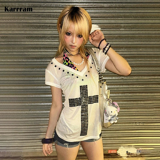 Women's Japanese Y2K Metal Cross Print T-Shirt | Harajuku Sheer Short Sleeve Streetwear Grunge Top
