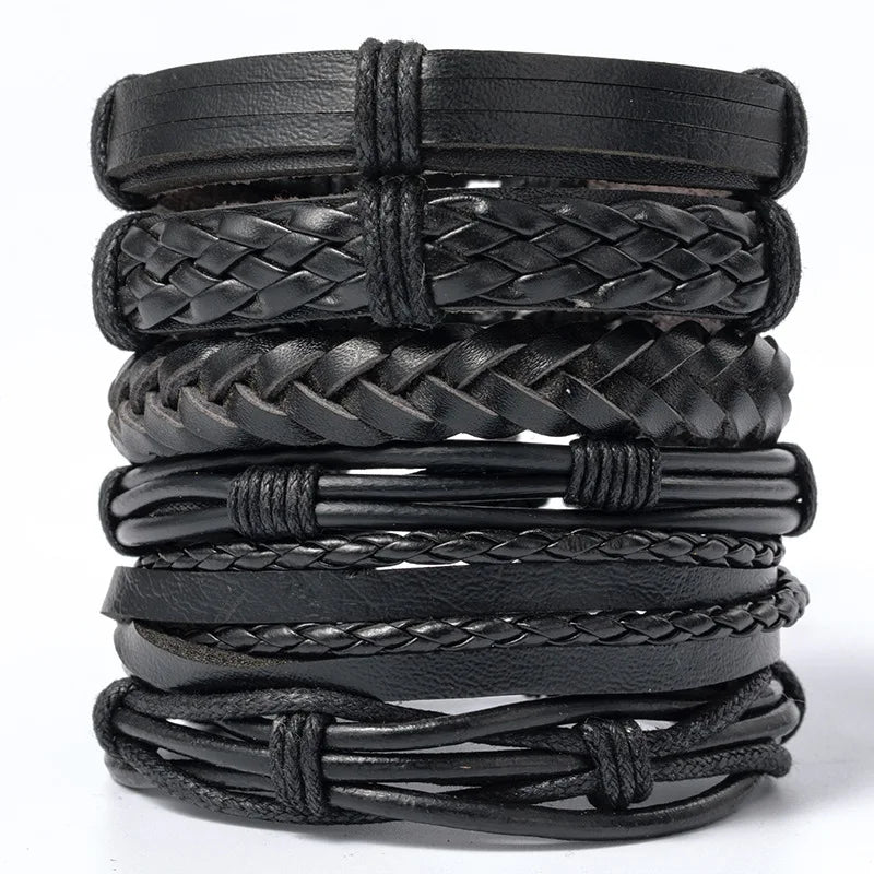 Men's Viking Leather Bracelet Woven Skull Adjustable Cuff