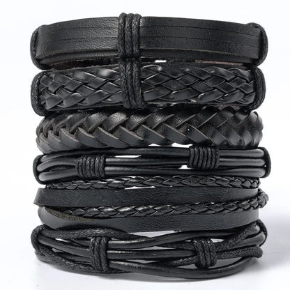 Men's Viking Leather Bracelet Woven Skull Adjustable Cuff