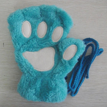 Cat Paw Plush Mittens – Cute Fingerless Fluffy Gloves for Women