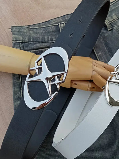 Oval Cross Metal Buckle Belt – Minimalist Unisex PU Belt for Men & Women