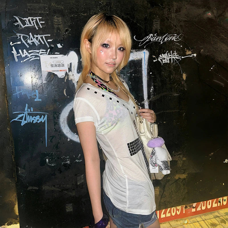 Women's Japanese Y2K Metal Cross Print T-Shirt | Harajuku Sheer Short Sleeve Streetwear Grunge Top