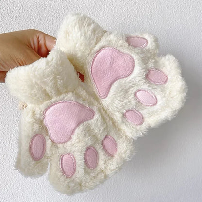Cat Paw Plush Mittens – Cute Fingerless Fluffy Gloves for Women
