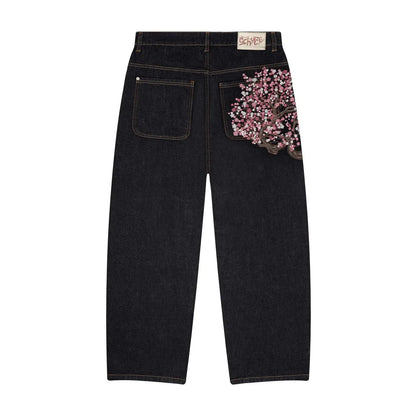 Cherry Blossom Embroidery Baggy Jeans for Men