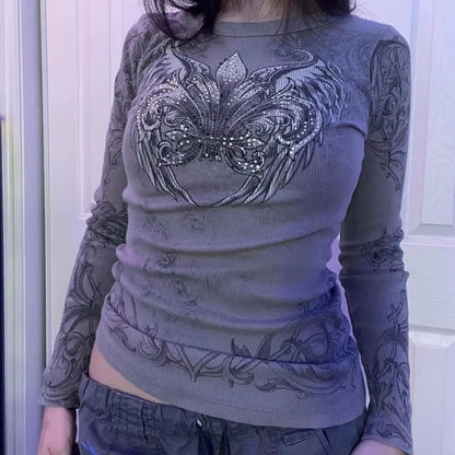 Women's Y2K Grunge Skull Graphic Thermal T-Shirt | 90s Vintage Aesthetic Long Sleeve Pullover Top
