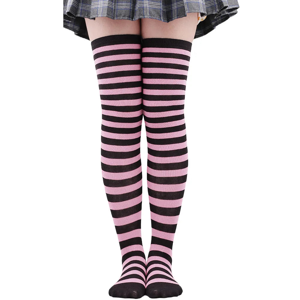 Women's Striped Thigh High Stockings | Black, White & Pink Over-Knee Lolita Harajuku Y2K Socks