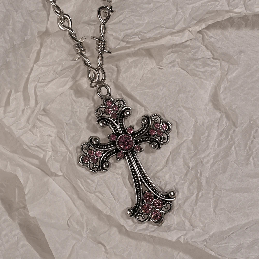 Y2K Rhinestone Heart and Cross Pendant Necklace for Women