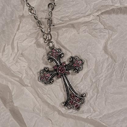 Y2K Rhinestone Heart and Cross Pendant Necklace for Women