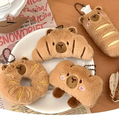 Cartoon Capybara & Croissant Plush Keychain | Soft Bread Food Stuffed Hanging Accessory