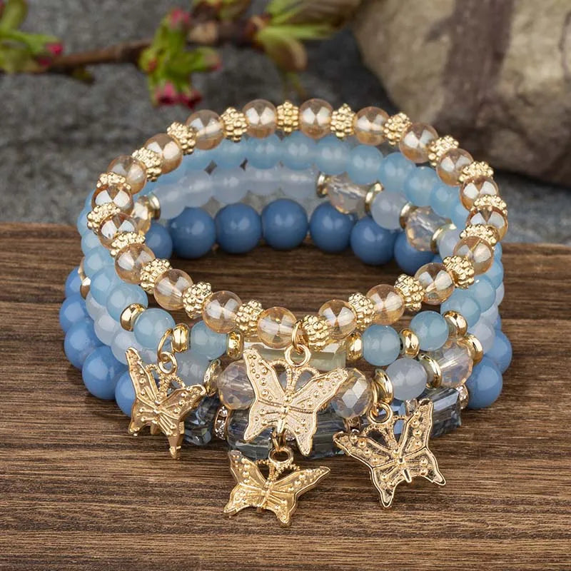 Butterfly Beaded Bracelet Set (4 Pcs)