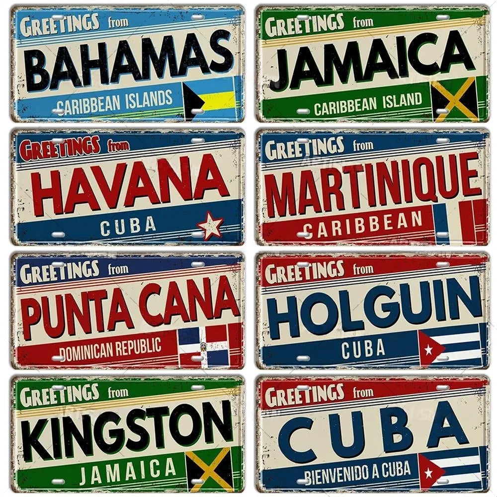 Caribbean Destination Metal Sign – Vintage Aluminum Wall Decor (30x15cm)