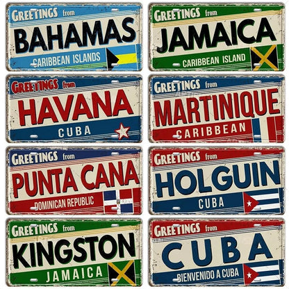 Caribbean Destination Metal Sign – Vintage Aluminum Wall Decor (30x15cm)