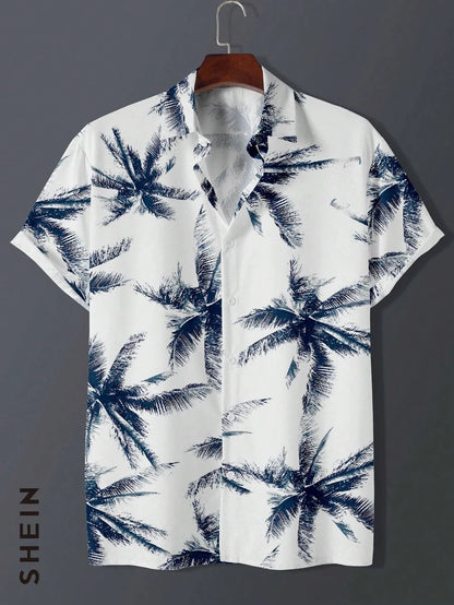 Men’s Tropical Palm Print Shirt – Casual Summer Button-Up Beach Shirt | Hawaiian Shirt Print Casual Thin Beach Slim Fashion Shirt High Quality Luxury Black Social Vintage | Oversized Clothes