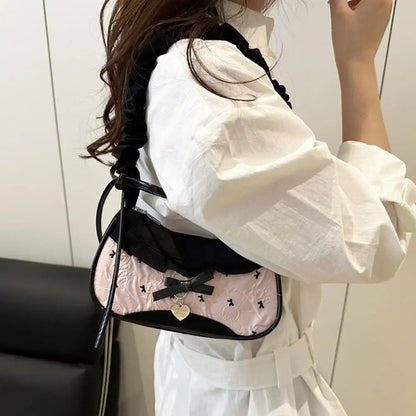 Women's Fashion Grid Shoulder Bag | Lace Ribbon Strap Underarm Handbag for Daily Commuting & Students
