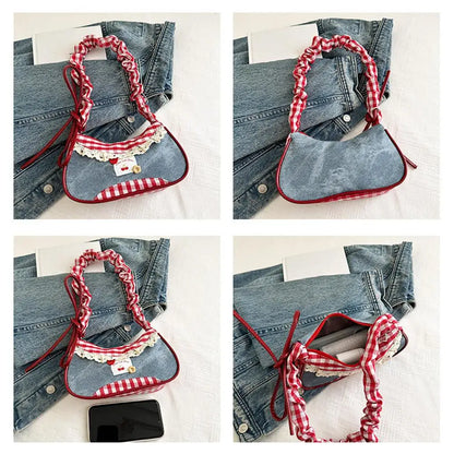 Women's Fashion Grid Shoulder Bag | Lace Ribbon Strap Underarm Handbag for Daily Commuting & Students
