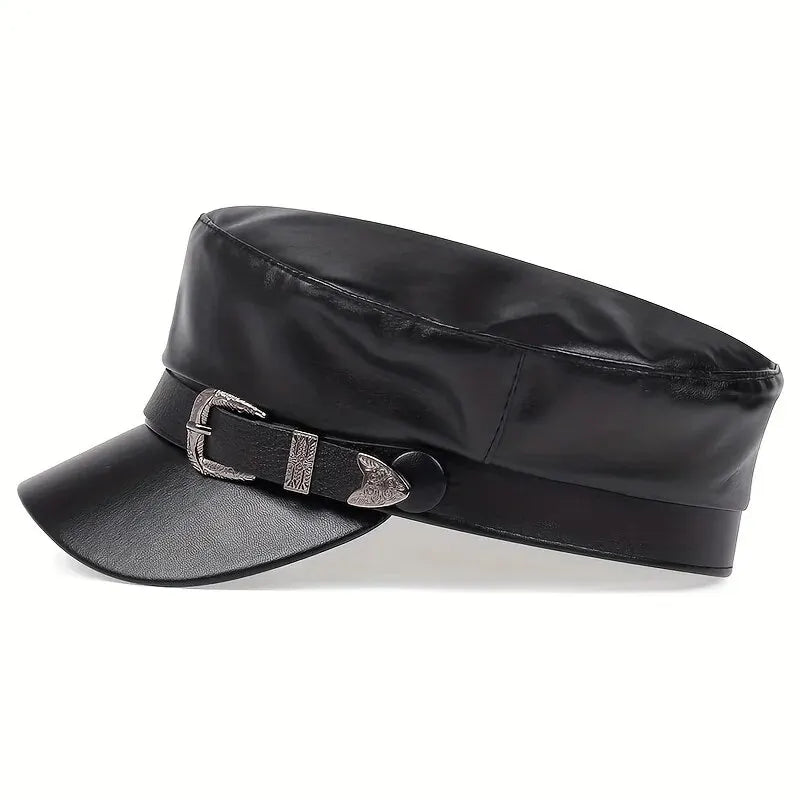 Unisex Large Belt Buckle Leather Beret | Spring Autumn Sailor Flat Top Military Cap for Men & Women