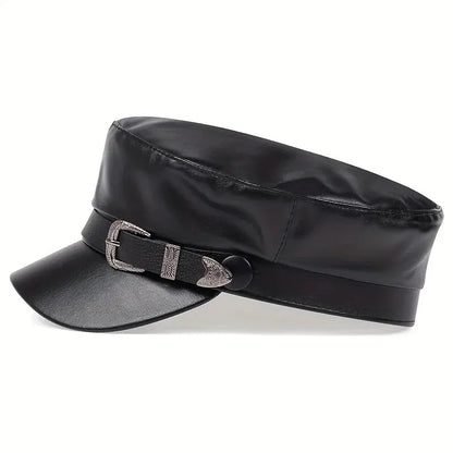 Unisex Large Belt Buckle Leather Beret | Spring Autumn Sailor Flat Top Military Cap for Men & Women