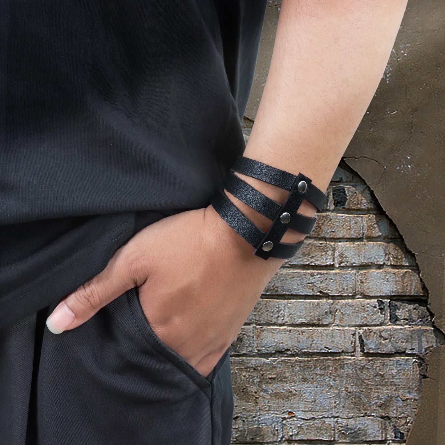 Men's Vintage Gothic Leather Wristband | Adjustable Punk Cuff Bracelet with Concealed Buckle
