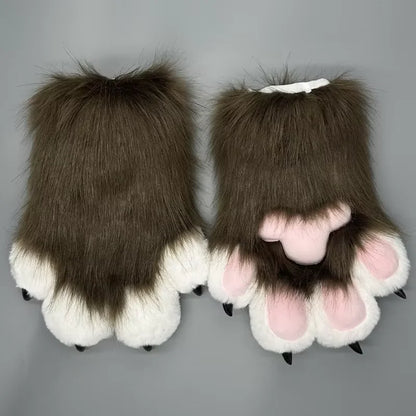 Fursuit Paw Gloves Faux Fur Animal Claw Mittens for Cosplay and Halloween
