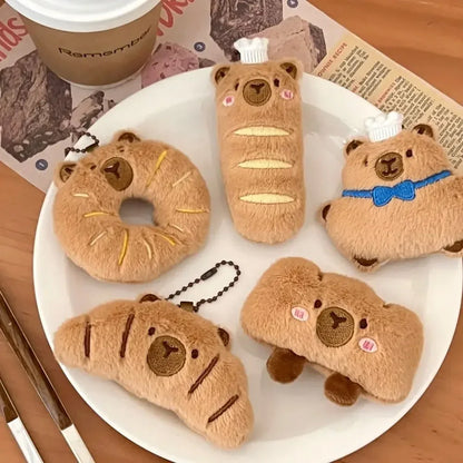 Cartoon Capybara & Croissant Plush Keychain | Soft Bread Food Stuffed Hanging Accessory