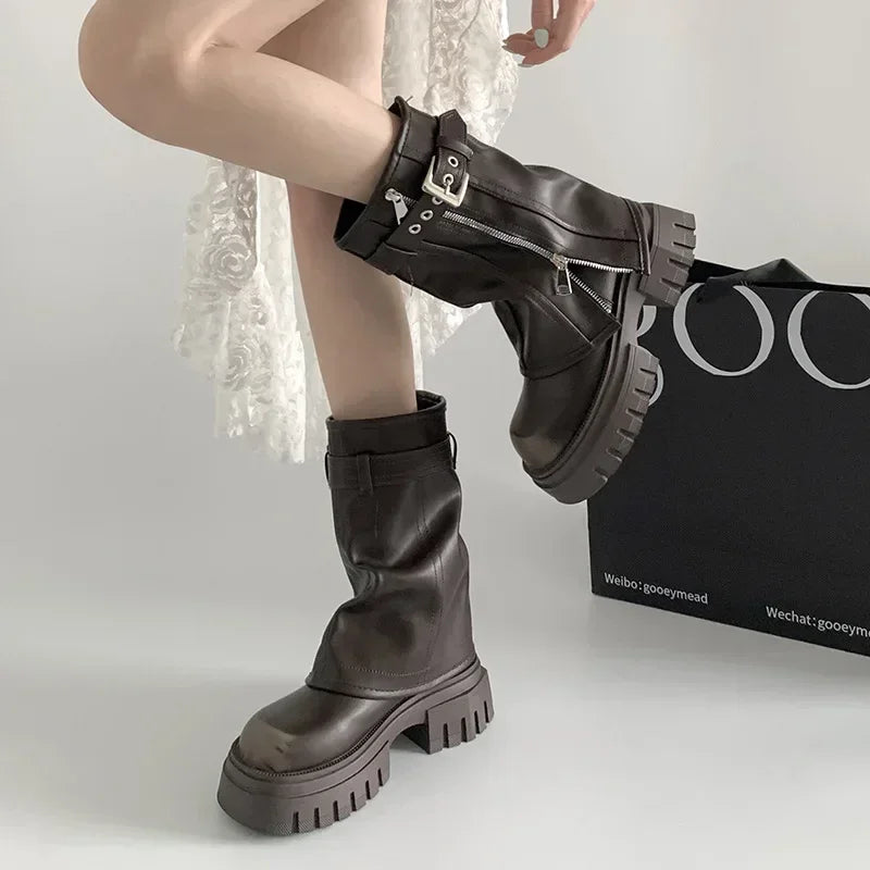 LEDP Women's Platform Biker Boots – Belt Buckle Mid-Calf Zip-Up Winter Boots
