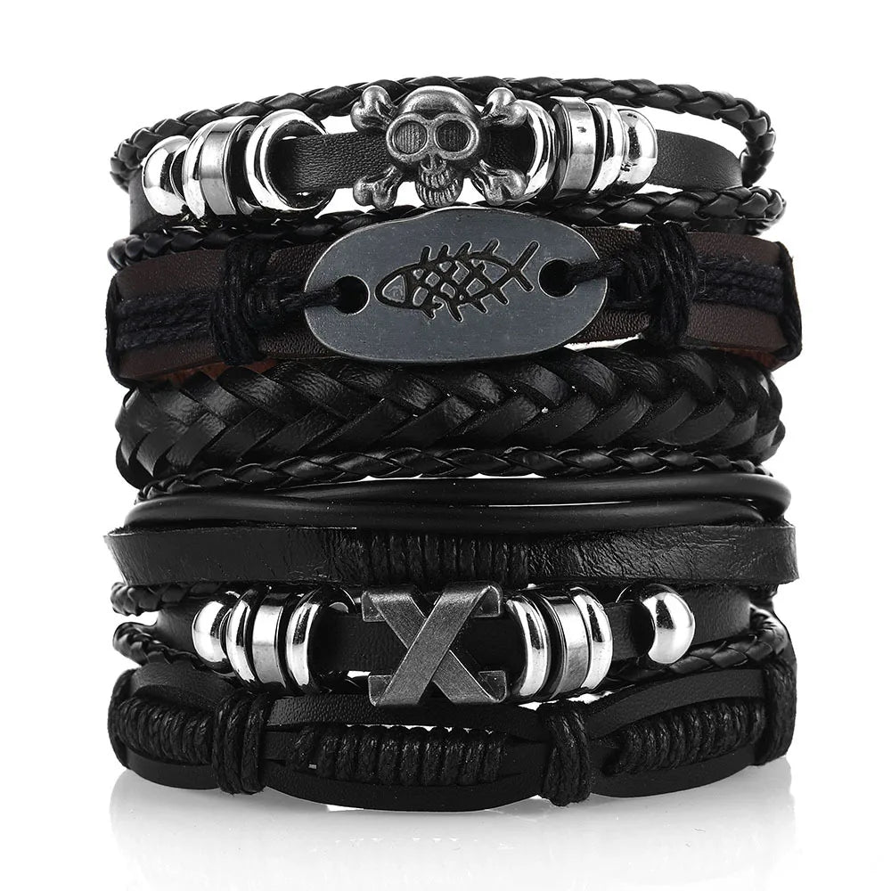 Men's Viking Leather Bracelet Woven Skull Adjustable Cuff