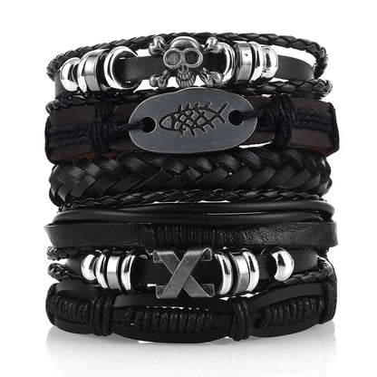 Men's Viking Leather Bracelet Woven Skull Adjustable Cuff