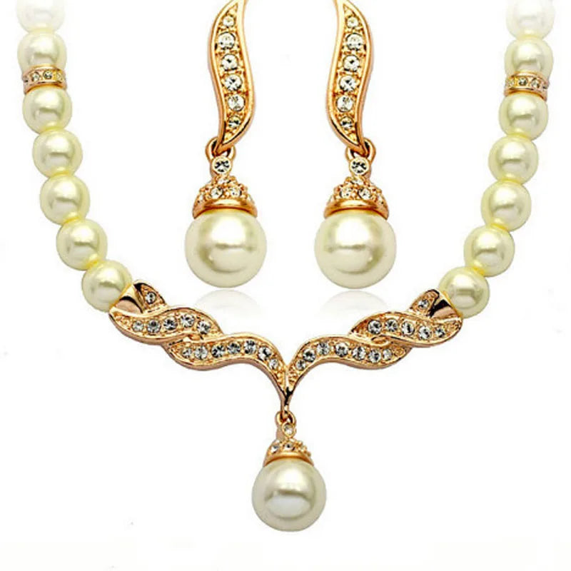 Women's 2-Piece Gold Pearl Jewelry Set | Elegant Necklace & Earrings for Wedding & Bridal