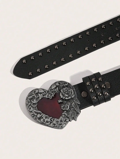 Women's Y2K Punk Gothic Rose Essential Oil Leather Belt | Rivet Heart Drop Spring Summer Waist Accessory