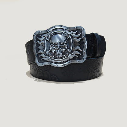 Men's Gothic Punk Skull Embossed Leather Belt Skeleton Reaper and Snake Designs