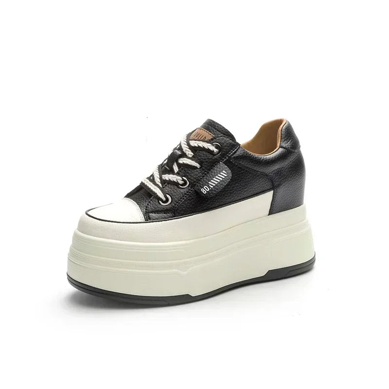 Fujin Women's Platform Sneakers – 9cm Genuine Leather High Heel Casual Shoes