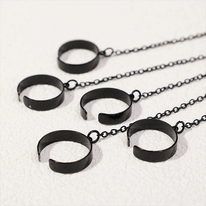 Obega Punk Geometric Chain Bracelet Ring – Open Link Ring for Women & Men | Silver & Black