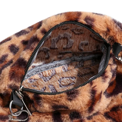 Women's Animal Print Leopard Plush Shoulder Bag | Casual Crossbody Messenger Bag for Ladies