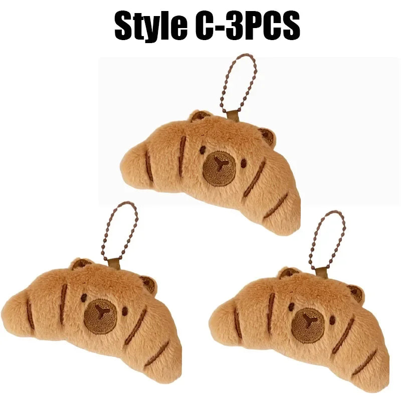 Cartoon Capybara & Croissant Plush Keychain | Soft Bread Food Stuffed Hanging Accessory