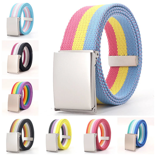 Colorful Striped Canvas Belt – Unisex Military Buckle Waistband (3.8cm x 120cm)