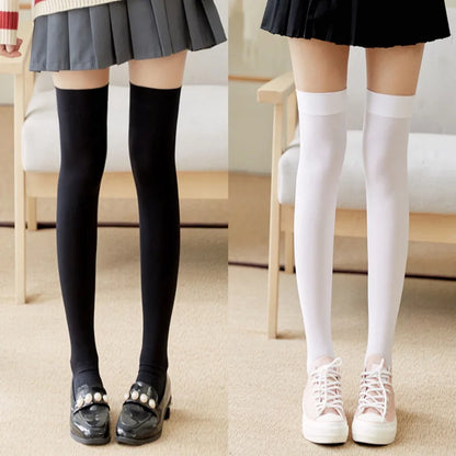 Women's Ultrathin Silk Nylon Stockings | Black & White Over-the-Knee Thigh High Skinny Leg Socks