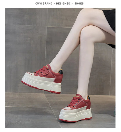 Fujin Women's Platform Sneakers – 9cm Genuine Leather High Heel Casual Shoes