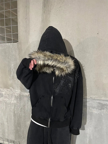 Women's Y2K Faux Fur Collar Pullover Hoodie – Gothic Graphic Sweatshirt
