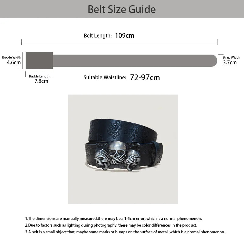 Men's Gothic Punk Skull Embossed Leather Belt Skeleton Reaper and Snake Designs