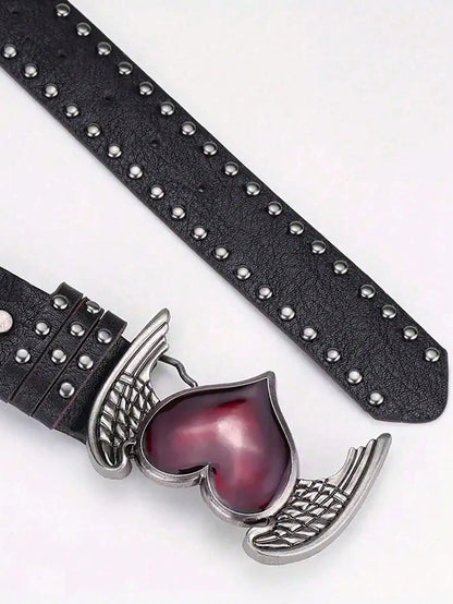 Women's Y2K Punk Gothic Rose Essential Oil Leather Belt | Rivet Heart Drop Spring Summer Waist Accessory