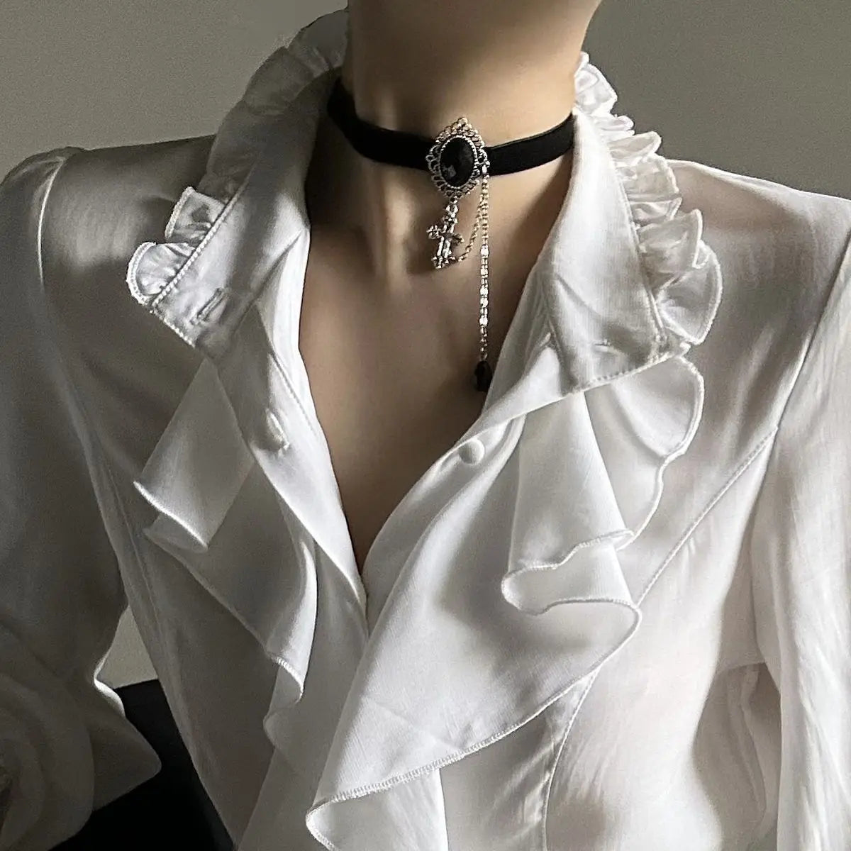 Women's Harajuku Vintage Black Bottoming Shirt | Stand Collar Ruffles Slim Japanese Victorian Long Sleeve Blouse