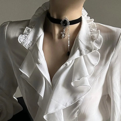 Women's Harajuku Vintage Black Bottoming Shirt | Stand Collar Ruffles Slim Japanese Victorian Long Sleeve Blouse