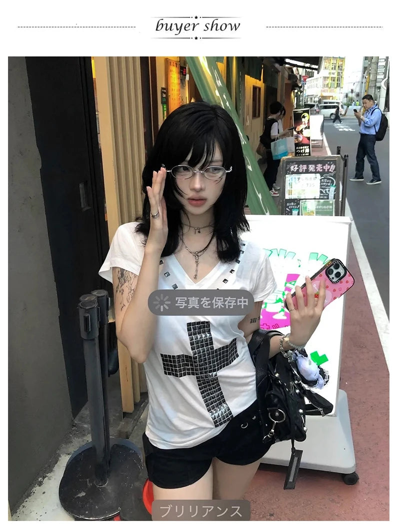 Women's Japanese Y2K Metal Cross Print T-Shirt | Harajuku Sheer Short Sleeve Streetwear Grunge Top