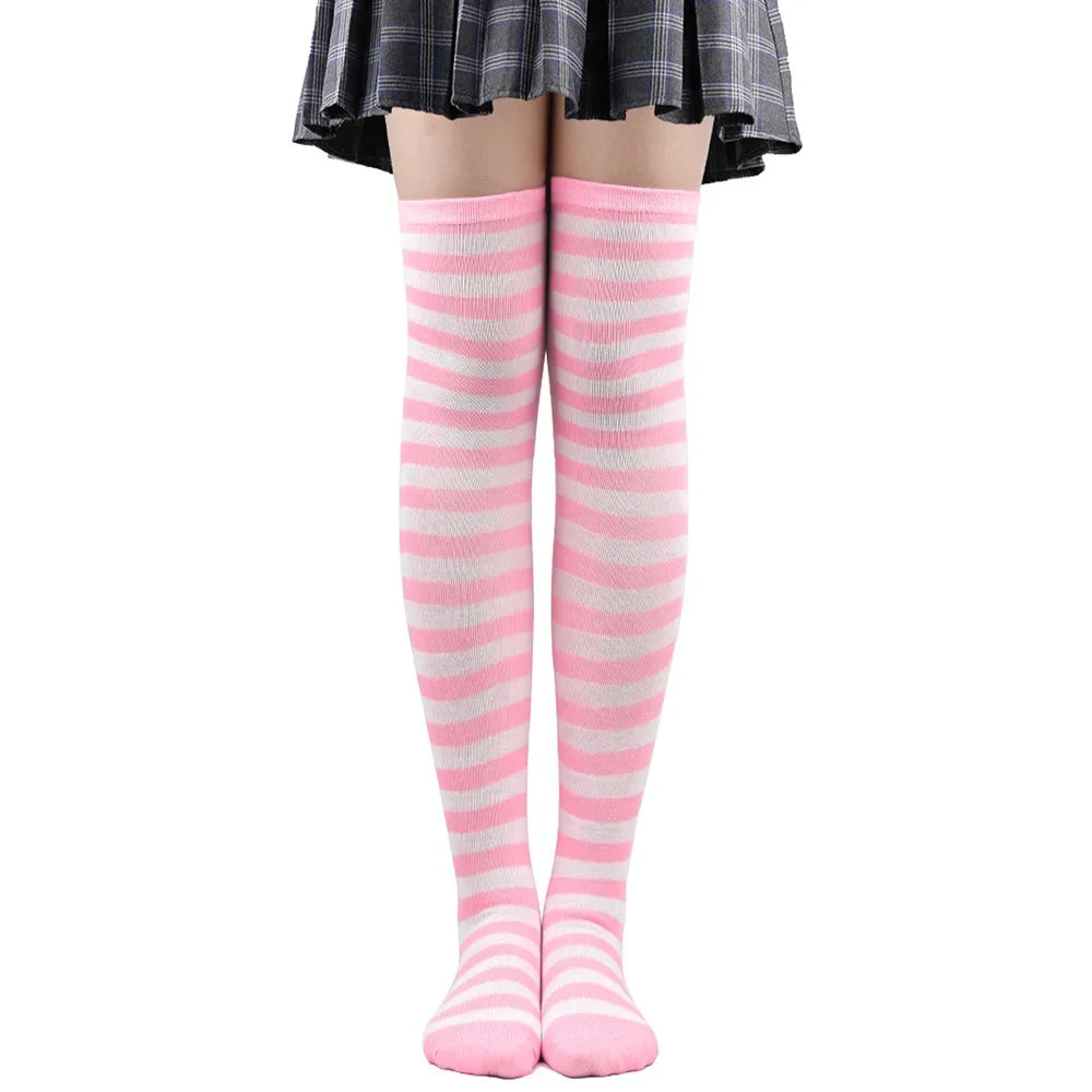 Women's Striped Thigh High Stockings | Black, White & Pink Over-Knee Lolita Harajuku Y2K Socks