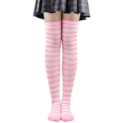 Women's Striped Thigh High Stockings | Black, White & Pink Over-Knee Lolita Harajuku Y2K Socks