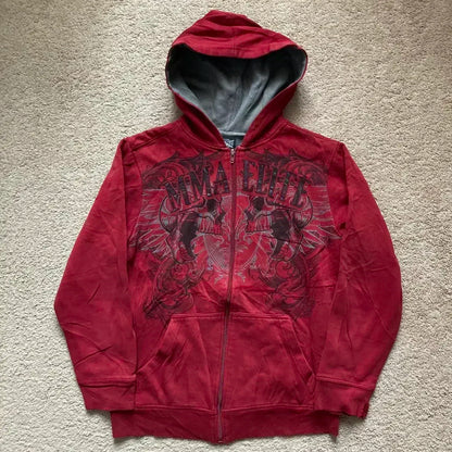 Y2K Punk Rock Zip-Up Hoodie – Harajuku Grunge Loose Fleece Sweatshirt