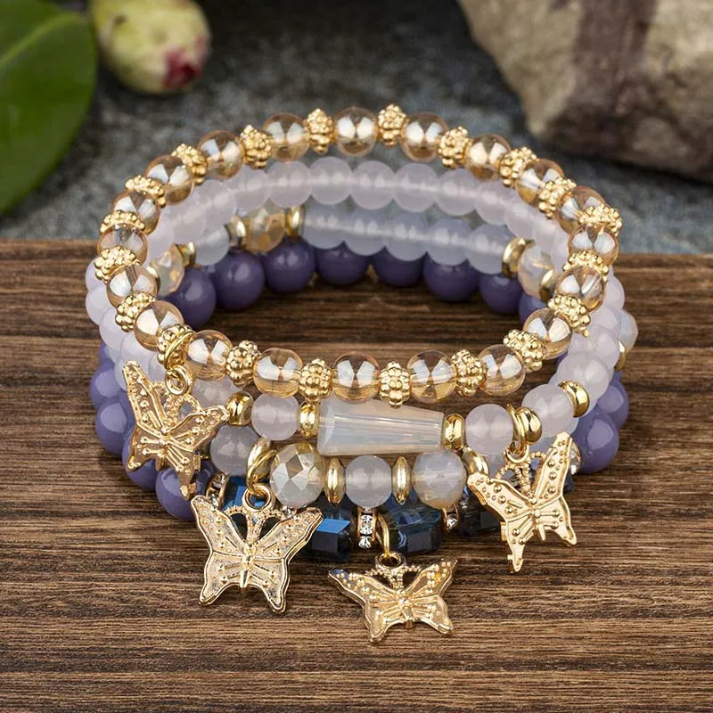 Butterfly Beaded Bracelet Set (4 Pcs)